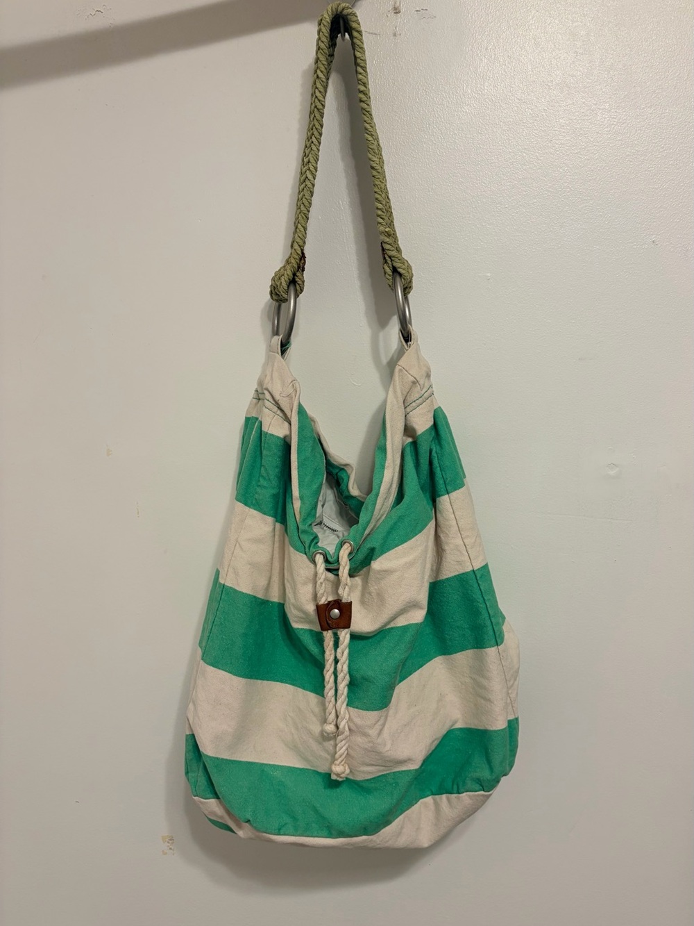RUEHL No. 925 Striped Green and White Canvas Shoulder Bag